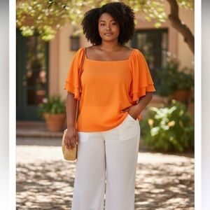 CATO 1945 WOMENS 26/28W ORANGE CROP TOP DEEP RUFFLES SHORT SLEEVES SLIGHTLY USED